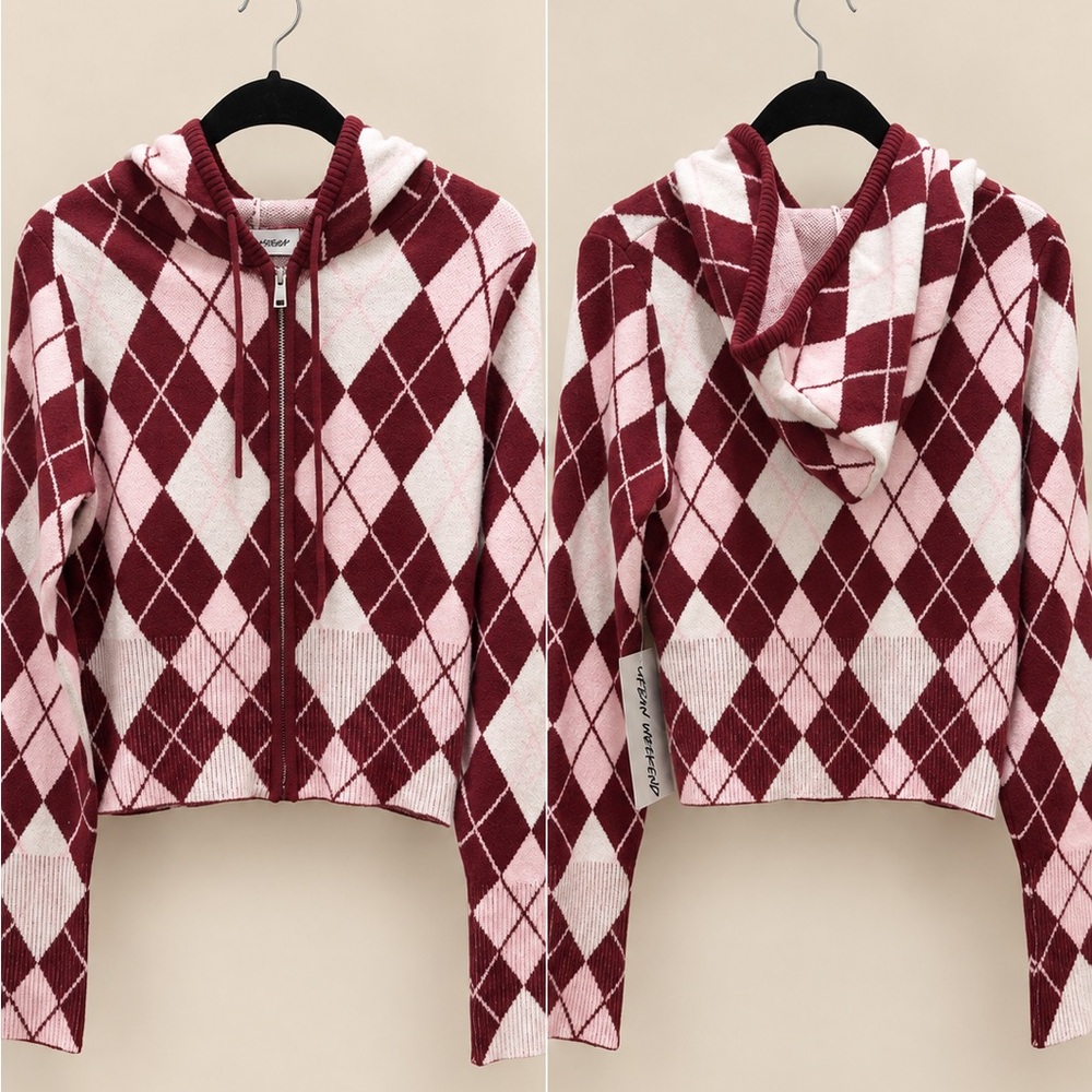 Cozy Argyle Zip Hoodie Sweater - Pink & Burgundy